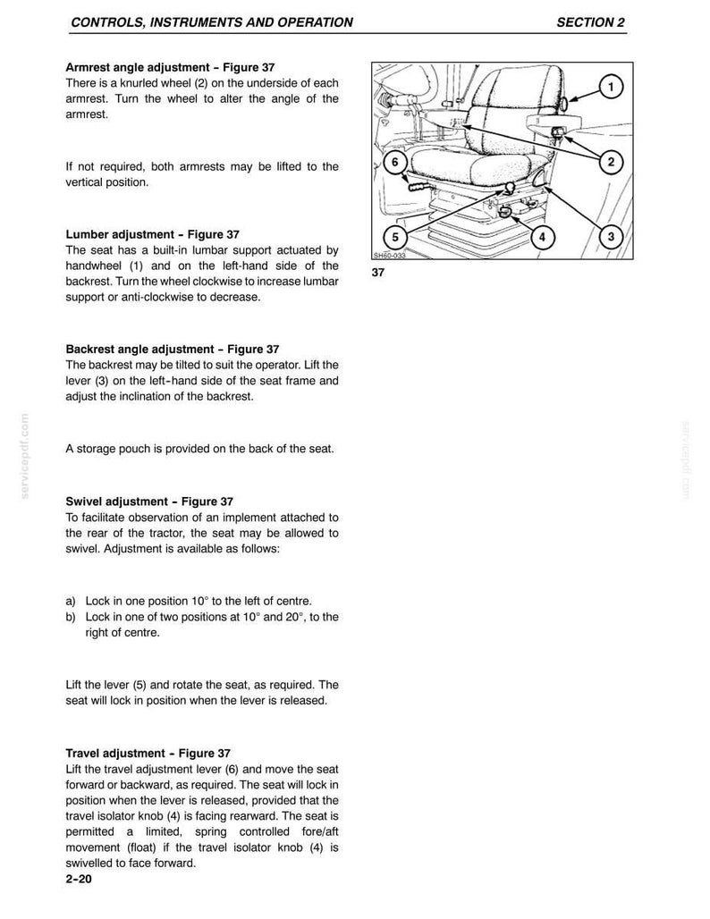 May include: A technical manual page titled CONTROLS, INSTRUMENTS AND OPERATION, SECTION 2, featuring Figure 37. The diagram shows a tractor seat with numbered adjustment points for armrest, lumbar, backrest, swivel, and travel settings with text.