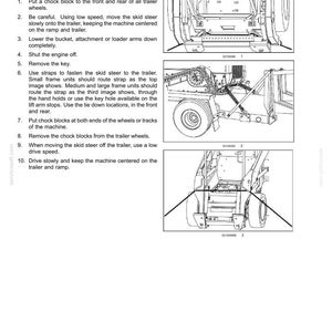 以下が含まれることがあります： 「5 - TRANSPORT OPERATIONS」と題された技術文書のページで、スキッドステアローダーをトレーラーに積み込むための安全手順が記載されています。固定用ストラップの適切な配置を示す3つの白黒の線画が含まれています。