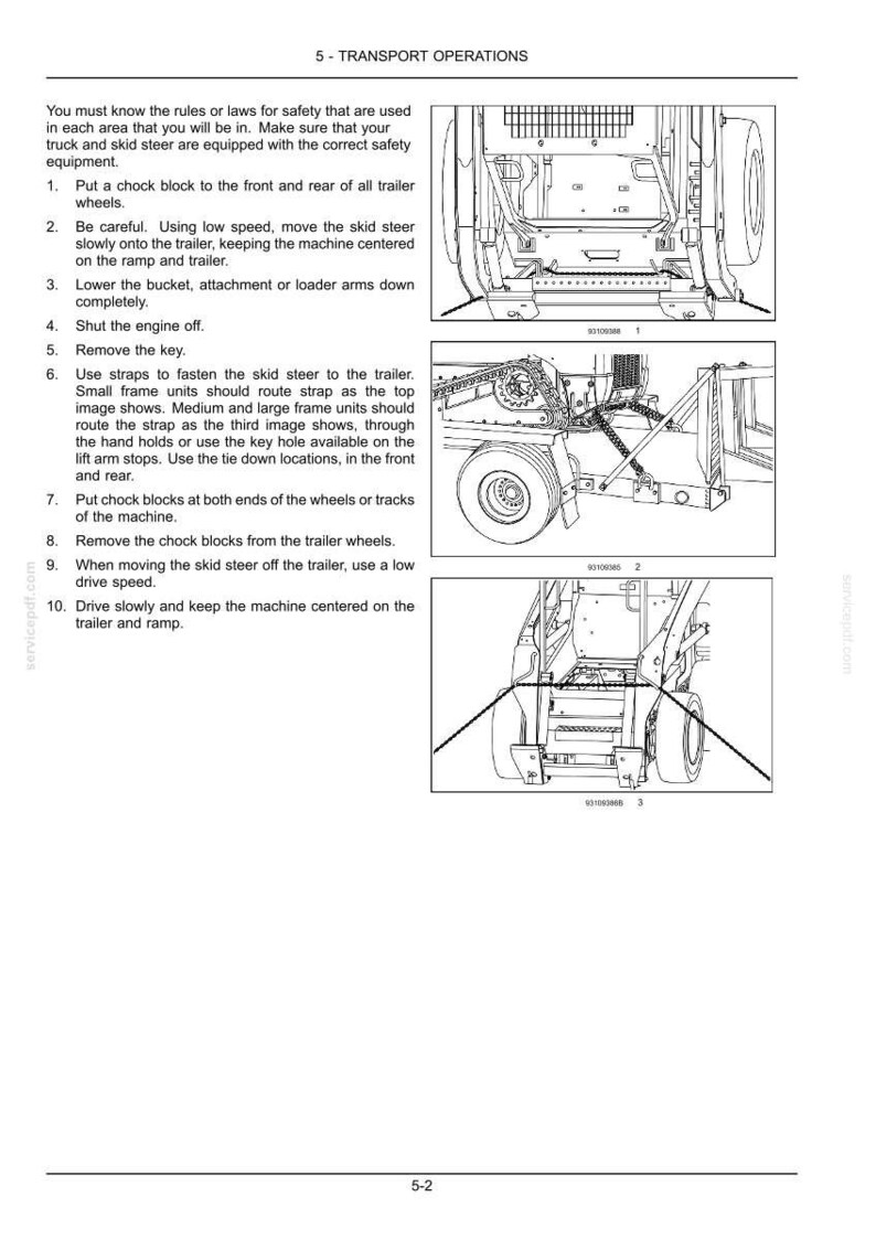 以下が含まれることがあります： 「5 - TRANSPORT OPERATIONS」と題された技術文書のページで、スキッドステアローダーをトレーラーに積み込むための安全手順が記載されています。固定用ストラップの適切な配置を示す3つの白黒の線画が含まれています。