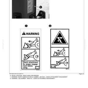 May include: Black and white diagram with safety warnings. Includes a warning label with an exclamation point and text: "Check attachment for proper engagement before using." Also shows a symbol of a person being struck by a falling object.