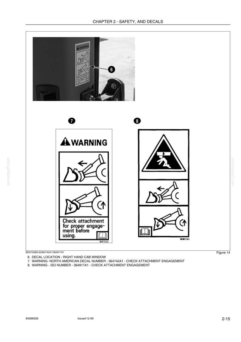 May include: Black and white diagram with safety warnings. Includes a warning label with an exclamation point and text: "Check attachment for proper engagement before using." Also shows a symbol of a person being struck by a falling object.