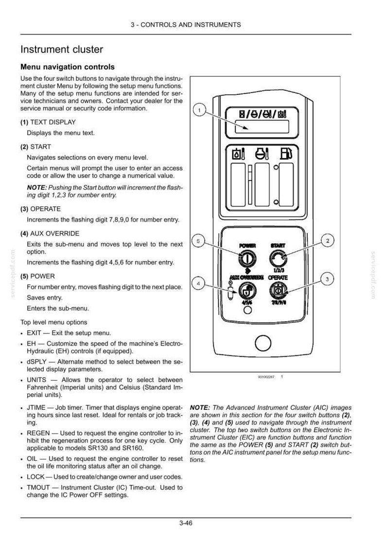 May include: Diagram of an instrument cluster with menu navigation controls. Features buttons labeled 'Text Display,' 'Start,' 'Operate,' 'Aux Override,' and 'Power.' Includes text describing the functions of each button and menu options.