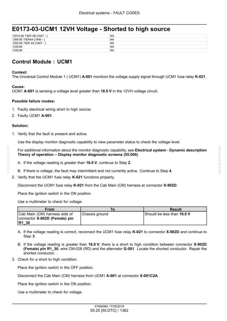 May include: A technical document titled "Electrical systems - FAULT CODES" with fault code E0173-03-UCM1. The document details voltage issues, including a shorted high source, and provides troubleshooting steps. Includes a table with voltage readings.