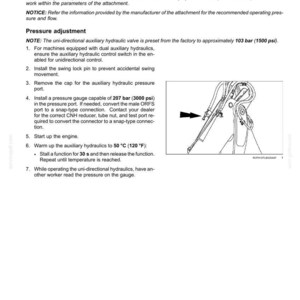 May include: Page from a maintenance manual detailing uni-directional auxiliary hydraulic pressure and flow. Includes instructions for pressure adjustment, with a diagram of hydraulic components and text in English. The temperature is listed as 50 &deg;C (120 &deg;F).