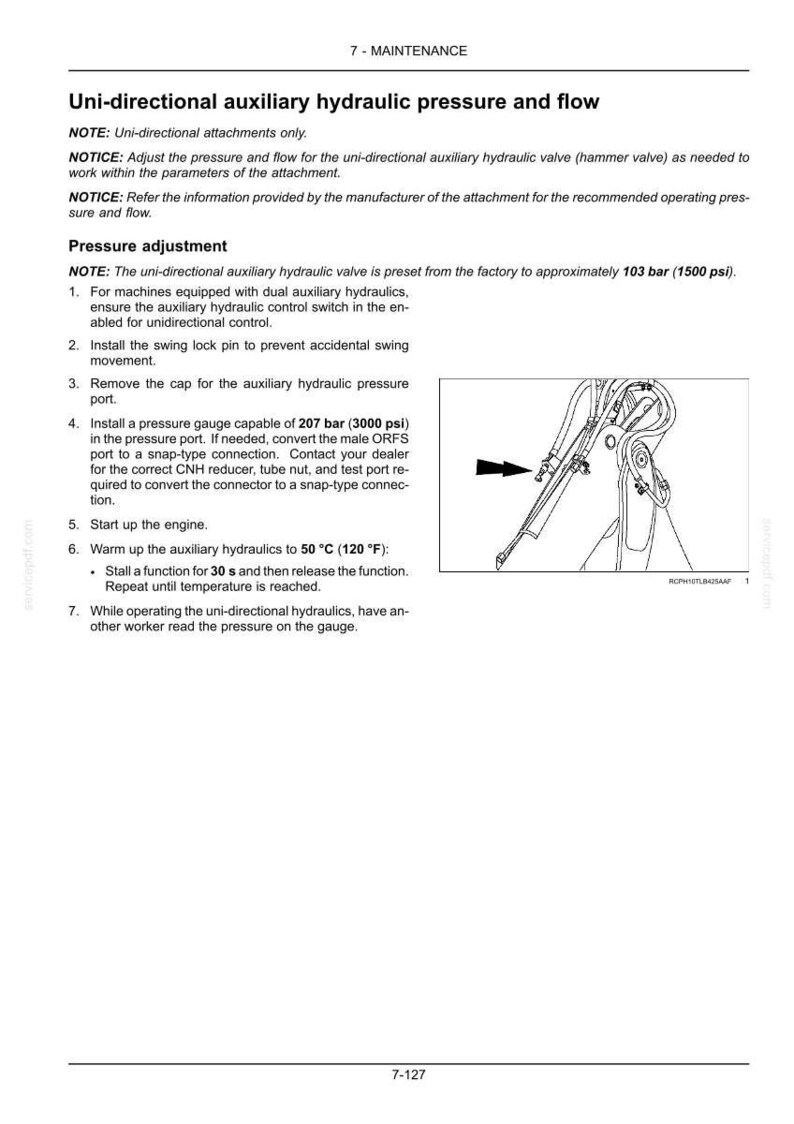 May include: Page from a maintenance manual detailing uni-directional auxiliary hydraulic pressure and flow. Includes instructions for pressure adjustment, with a diagram of hydraulic components and text in English. The temperature is listed as 50 &deg;C (120 &deg;F).
