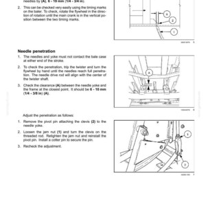 May include: Diagrams and instructions for adjusting needles on a baler. Includes measurements in millimetres and inches, and illustrations of needle and plunger timing, and needle penetration. Text includes "Needle to plunger timing".