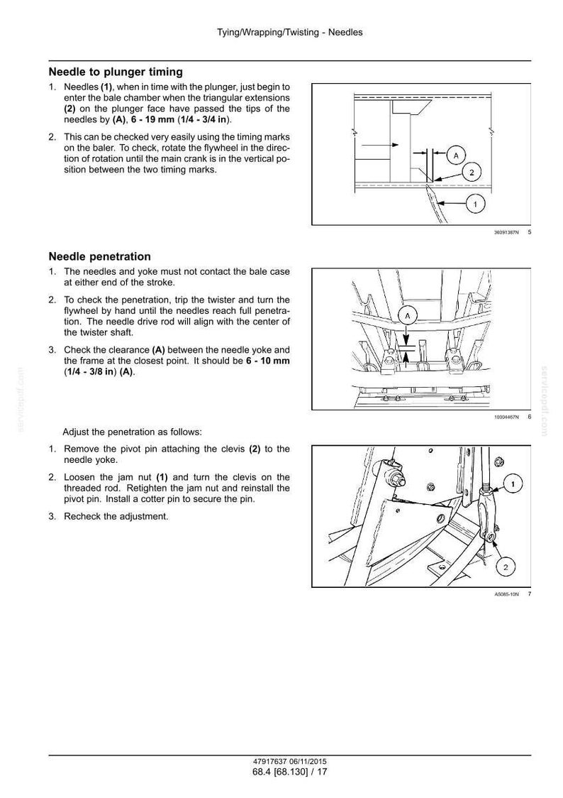 May include: Diagrams and instructions for adjusting needles on a baler. Includes measurements in millimetres and inches, and illustrations of needle and plunger timing, and needle penetration. Text includes "Needle to plunger timing".