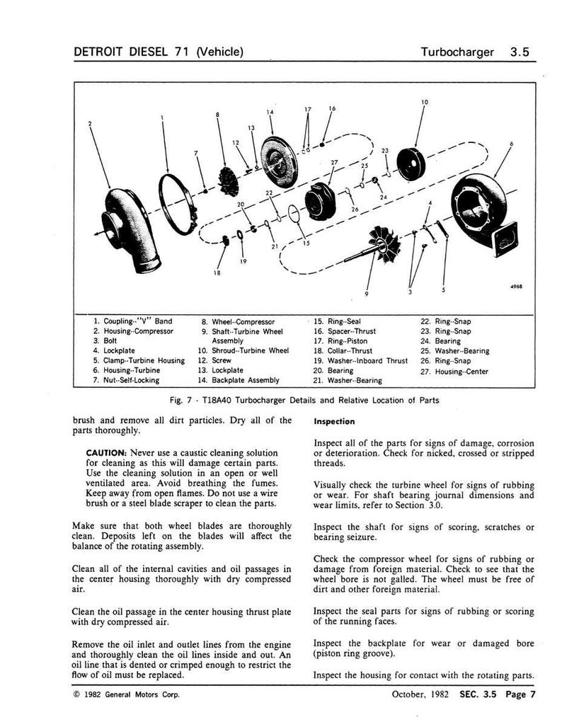 Puede incluir: Diagrama de un turbocompresor Detroit Diesel 71 (Veh&iacute;culo), con ilustraciones detalladas y etiquetas de piezas. Incluye una lista de piezas con nombres como "Wheel-Compressor" y "Ring-Seal". El diagrama es de octubre de 1982.