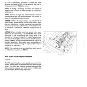 Peut inclure: Une page de manuel technique intitul&eacute;e 6-WORKING OPERATIONS d&eacute;taillant les s&eacute;quences HTS et la m&eacute;moire du contr&ocirc;leur. Elle inclut des instructions sur l'enregistrement des s&eacute;quences, l'arr&ecirc;t moteur et le levier de commande illustr&eacute;.