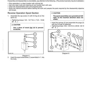 Puede incluir: Diagramas que ilustran el montaje y desmontaje de una v&aacute;lvula de amortiguaci&oacute;n, incluyendo secciones de carrete y componentes. Las instrucciones detallan el par de apriete en Newton-metros y libras-pie, con advertencias sobre ara&ntilde;azos.