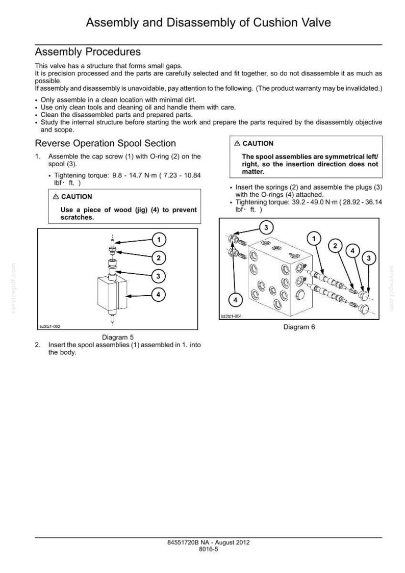 Puede incluir: Diagramas que ilustran el montaje y desmontaje de una v&aacute;lvula de amortiguaci&oacute;n, incluyendo secciones de carrete y componentes. Las instrucciones detallan el par de apriete en Newton-metros y libras-pie, con advertencias sobre ara&ntilde;azos.