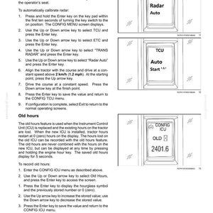 May include: A technical manual page titled 3-CONTROLS AND INSTRUMENTS detailing automatic calibration and old hours procedures. It includes three black and white diagrams of a digital display screen showing text like TCU, Radar Auto, and CONFIG ICU.