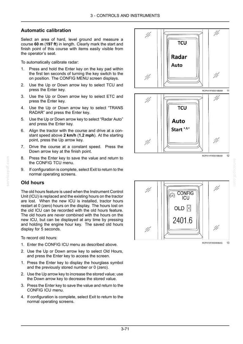 May include: A technical manual page titled 3-CONTROLS AND INSTRUMENTS detailing automatic calibration and old hours procedures. It includes three black and white diagrams of a digital display screen showing text like TCU, Radar Auto, and CONFIG ICU.