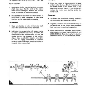 K&ouml;nnte beinhalten: Technische Zeichnung einer Zylinderkopf-Baugruppe mit detaillierten Anweisungen zur Demontage, Inspektion und Montage. Enth&auml;lt Abbildungen von Kipphebeln und anderen Motorkomponenten. Der Text enth&auml;lt Ma&szlig;e in Millimetern.
