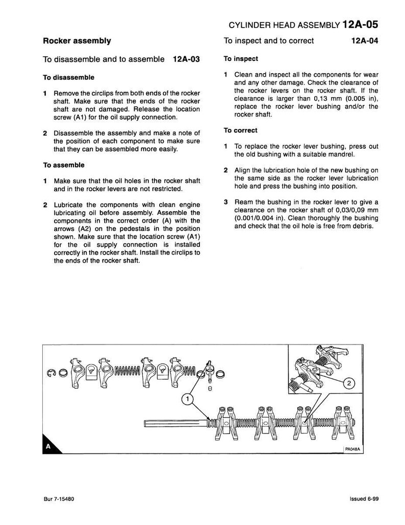K&ouml;nnte beinhalten: Technische Zeichnung einer Zylinderkopf-Baugruppe mit detaillierten Anweisungen zur Demontage, Inspektion und Montage. Enth&auml;lt Abbildungen von Kipphebeln und anderen Motorkomponenten. Der Text enth&auml;lt Ma&szlig;e in Millimetern.