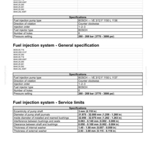 May include: Technical specifications for a fuel injection system, including general specifications and service limits. The document provides details on pump type, rotation, injection order, and pressure settings. Measurements are in inches and millimeters.