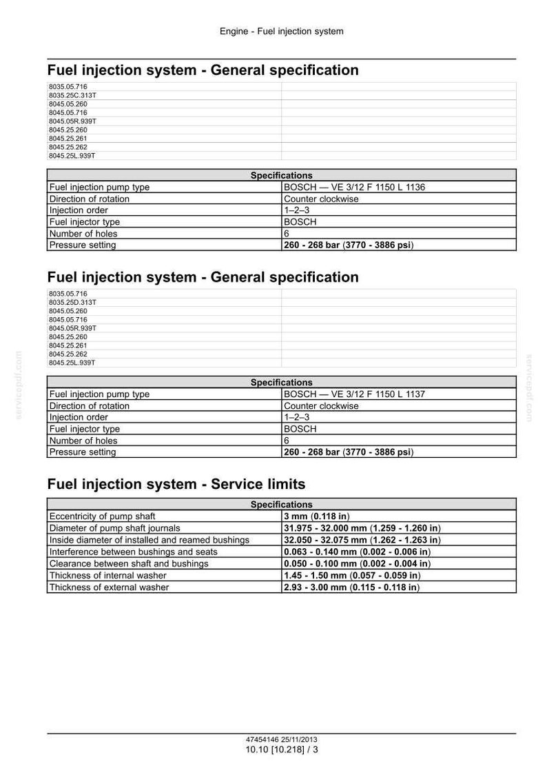May include: Technical specifications for a fuel injection system, including general specifications and service limits. The document provides details on pump type, rotation, injection order, and pressure settings. Measurements are in inches and millimeters.