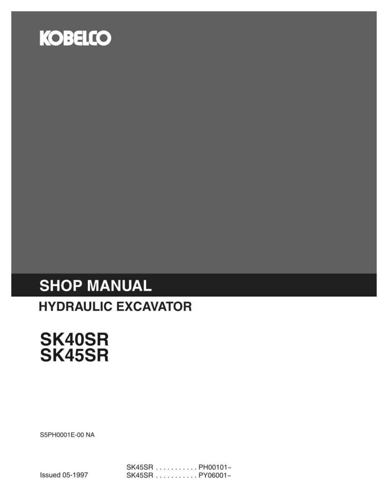 K&ouml;nnte beinhalten: Ein Kobelco Werkstatthandbuch f&uuml;r einen Hydraulikbagger, speziell f&uuml;r die Modelle SK40SR und SK45SR. Der Einband ist dunkelgrau mit wei&szlig;em Text, einschlie&szlig;lich des Codes S5PH0001E-00 NA, dem Ausgabedatum 05-1997 und Seriennummernbereichen.