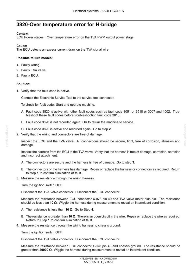May include: A document detailing fault codes for an H-bridge system, including over-temperature errors. The text provides troubleshooting steps, including checking wiring, connectors, and resistance measurements. The document is dated May 5, 2015.