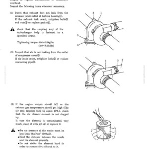 May include: A technical document page titled 9-4 TURBOCHARGER INSPECTION PROCEDURE. It features black and white line drawings of a turbocharger with numbered parts and a cylindrical air cleaner element being cleaned with a nozzle tool.
