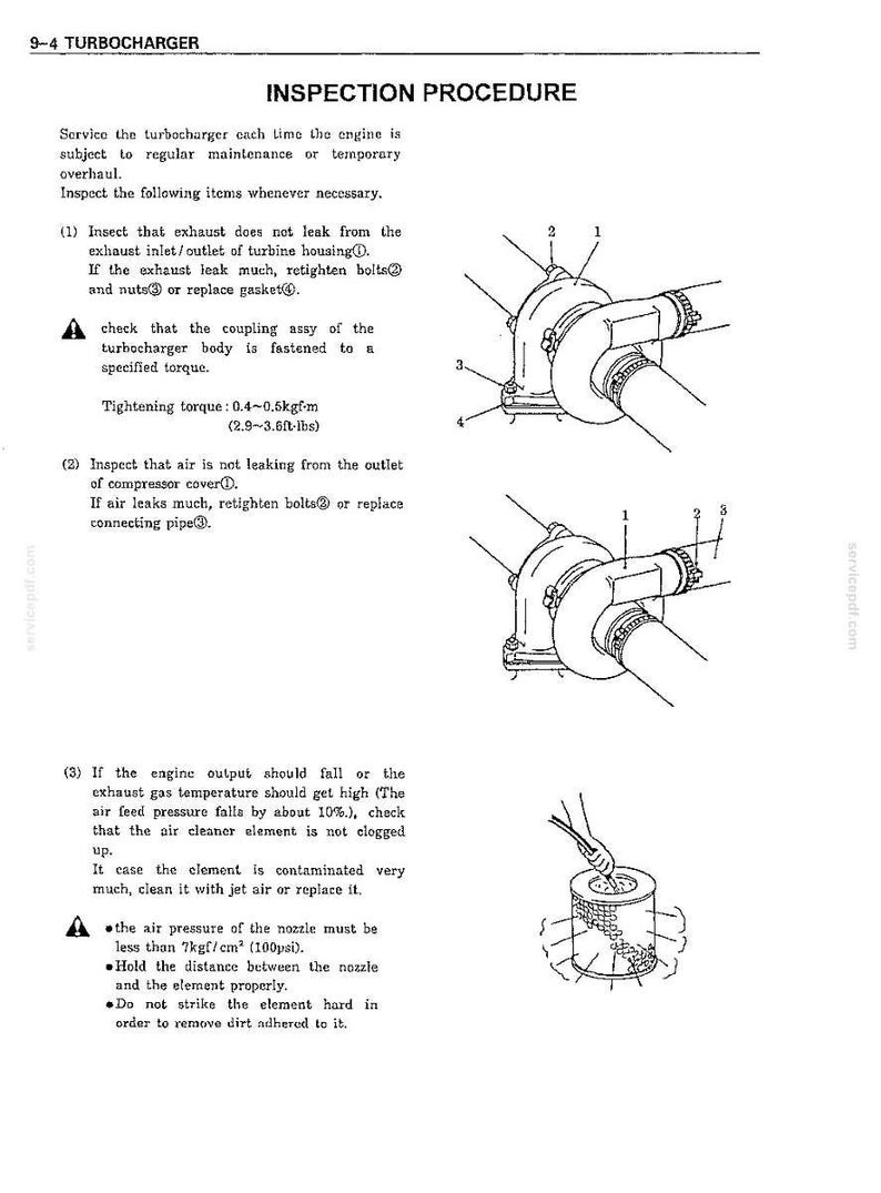 May include: A technical document page titled 9-4 TURBOCHARGER INSPECTION PROCEDURE. It features black and white line drawings of a turbocharger with numbered parts and a cylindrical air cleaner element being cleaned with a nozzle tool.