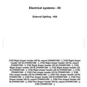 May include: A white document with the CASE IH AGRICULTURE logo, listing electrical systems and external lighting information. Includes specifications for various rigid and flex draper headers, with measurements in feet.