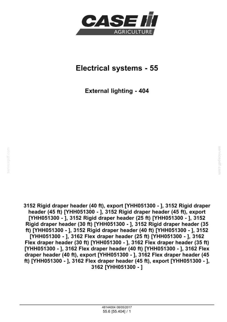 May include: A white document with the CASE IH AGRICULTURE logo, listing electrical systems and external lighting information. Includes specifications for various rigid and flex draper headers, with measurements in feet.