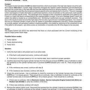 May include: Diagnostic document detailing fault codes for an engine's electrical system. The text describes a 'Cylinder 5 injector circuit - Data incorrect' error, including possible causes, and troubleshooting steps. Includes measurements in Ohms.