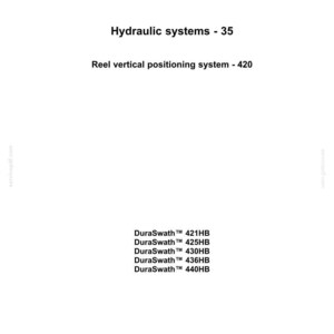 May include: A white page with the New Holland Agriculture logo, text reading "Hydraulic systems - 35" and "Reel vertical positioning system - 420." Below are DuraSwath model numbers: 421HB, 425HB, 430HB, 436HB, and 440HB.
