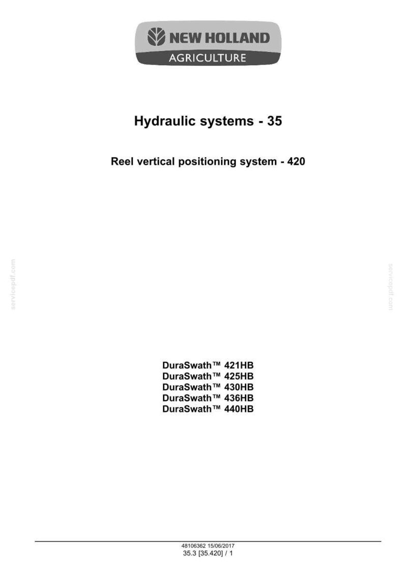 May include: A white page with the New Holland Agriculture logo, text reading "Hydraulic systems - 35" and "Reel vertical positioning system - 420." Below are DuraSwath model numbers: 421HB, 425HB, 430HB, 436HB, and 440HB.