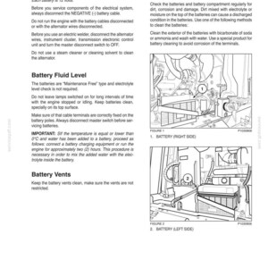 May include: A detailed technical manual page with the title "BATTERY SERVICE." It includes instructions on cleaning batteries, checking fluid levels, and vent maintenance. Diagrams illustrate battery locations.
