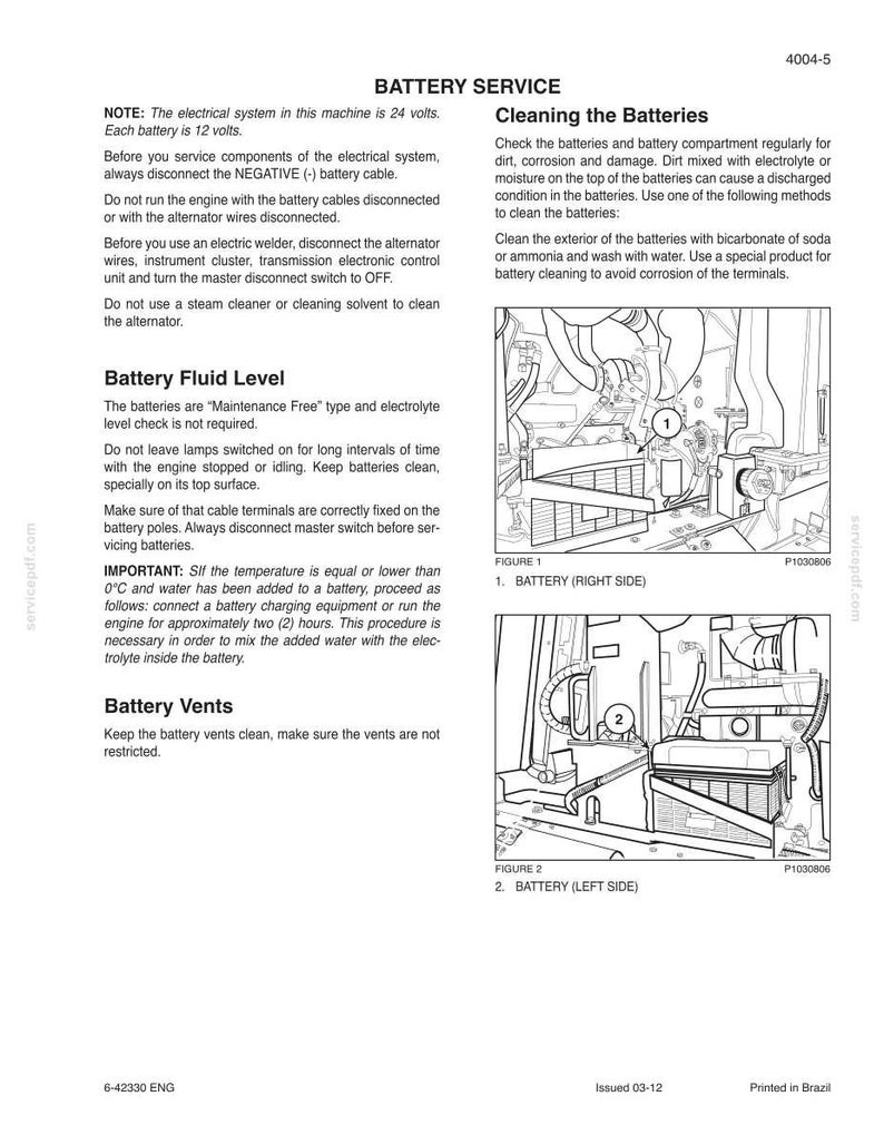 May include: A detailed technical manual page with the title "BATTERY SERVICE." It includes instructions on cleaning batteries, checking fluid levels, and vent maintenance. Diagrams illustrate battery locations.