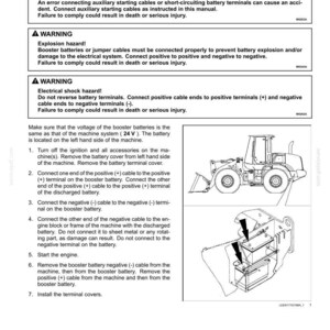 May include: A technical manual page titled 7-MAINTENANCE Auxiliary battery connections. It includes three warning boxes regarding explosion and electrical shock hazards, followed by numbered instructions and a line drawing of a heavy machinery battery.