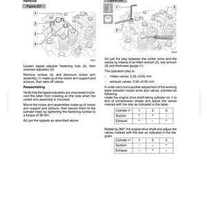 May include: Diagram of an engine's rocker arm removal and reassembly, and tappet adjustment. Includes figures, diagrams, and instructions for engine maintenance. Text includes measurements in millimeters and torque in Newton-meters.