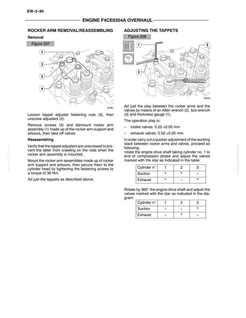 May include: Diagram of an engine's rocker arm removal and reassembly, and tappet adjustment. Includes figures, diagrams, and instructions for engine maintenance. Text includes measurements in millimeters and torque in Newton-meters.