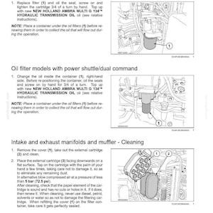 May include: A technical maintenance manual page titled 7-MAINTENANCE, featuring black and white line drawings of hydraulic circuit oil filters, power shuttle oil filters, and intake and exhaust manifolds with numbered components and instructions.
