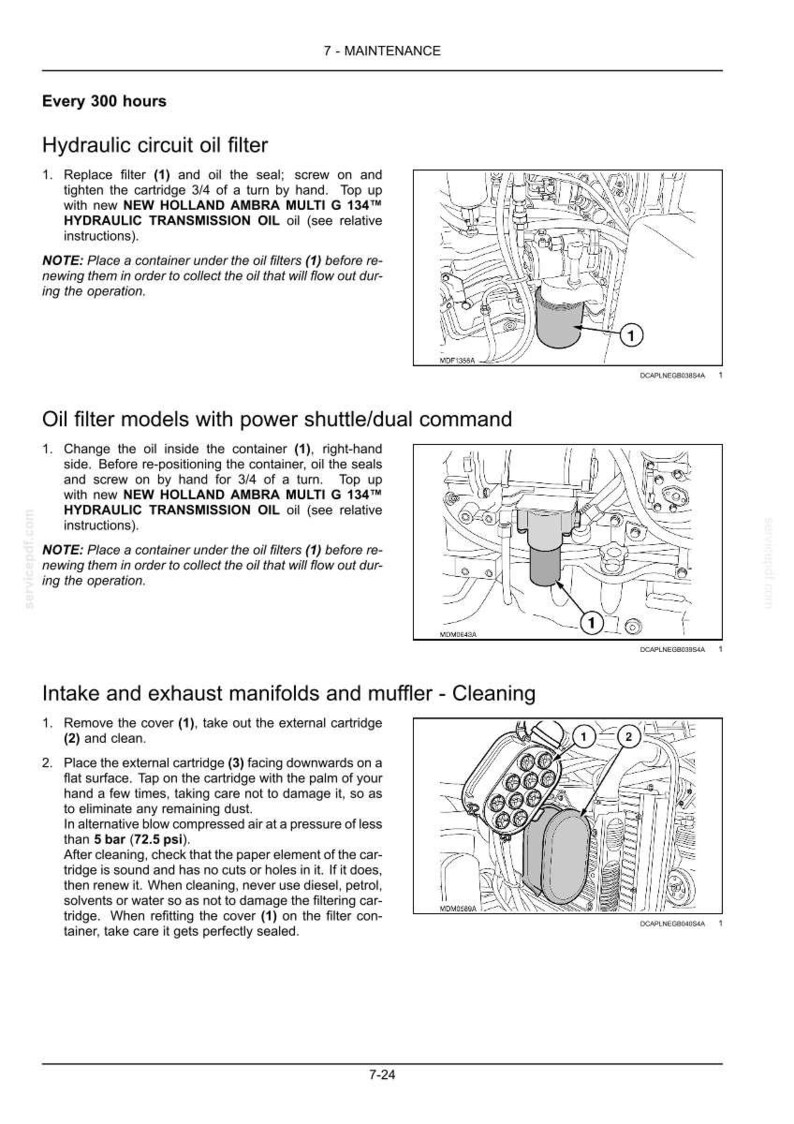 May include: A technical maintenance manual page titled 7-MAINTENANCE, featuring black and white line drawings of hydraulic circuit oil filters, power shuttle oil filters, and intake and exhaust manifolds with numbered components and instructions.