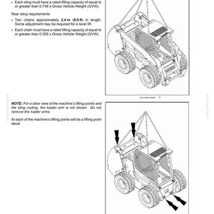 May include: Diagram of a compact construction vehicle with sling requirements for lifting. The image includes text detailing front and rear sling specifications, including lengths of 12.0 ft and 8.0 ft, respectively. Arrows indicate lifting points.