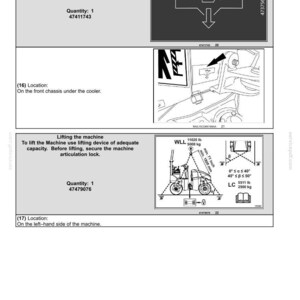 May include: Diagram of safety information for a machine, including oil drain, lifting instructions, and location details. Includes measurements in inches and pounds, and the text "2 - SAFETY INFORMATION".