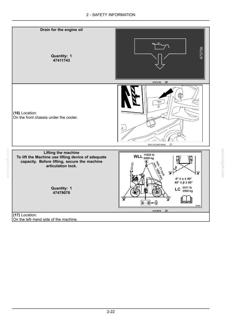 May include: Diagram of safety information for a machine, including oil drain, lifting instructions, and location details. Includes measurements in inches and pounds, and the text "2 - SAFETY INFORMATION".