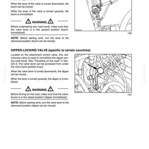 May include: Diagram of machine controls, including a valve lever and dipper locking valve. The text provides instructions for operating the valves, emphasizing safety during road travel. The image includes warnings and notes for proper use.