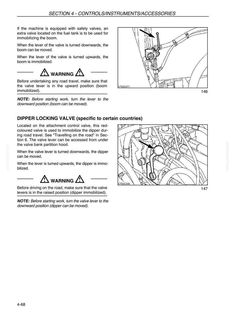 May include: Diagram of machine controls, including a valve lever and dipper locking valve. The text provides instructions for operating the valves, emphasizing safety during road travel. The image includes warnings and notes for proper use.