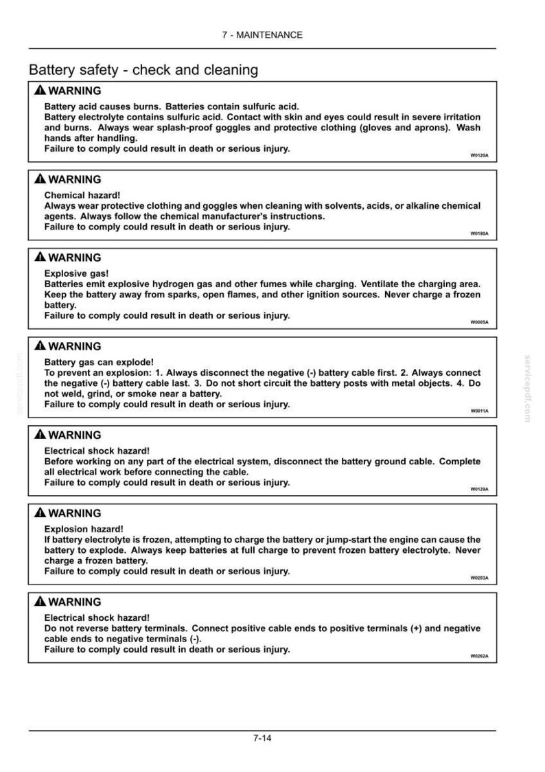 May include: A page from a manual detailing battery safety and cleaning procedures. The text includes multiple warning labels about potential hazards like acid burns, chemical hazards, and explosion risks. The page is titled "Battery safety - check and cleaning."