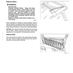 May include: A technical manual page titled 3-CONTROLS AND INSTRUMENTS detailing cab air filters. It includes text instructions, a warning about harmful dust, and two black and white line drawings labeled with numbers 1 and 2 showing filter locations.
