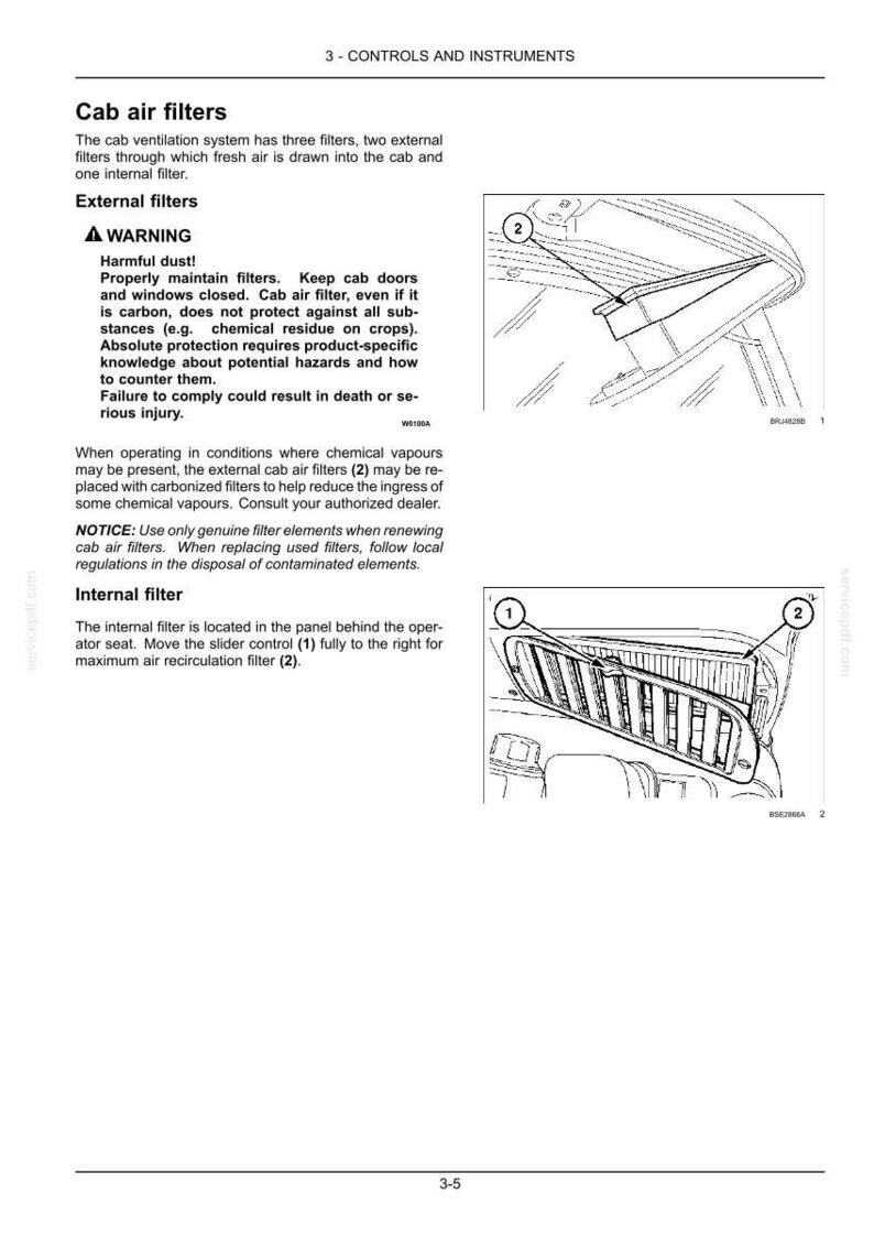May include: A technical manual page titled 3-CONTROLS AND INSTRUMENTS detailing cab air filters. It includes text instructions, a warning about harmful dust, and two black and white line drawings labeled with numbers 1 and 2 showing filter locations.