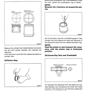 May include: Page from a service manual with diagrams and instructions for engine maintenance. Includes illustrations of piston rings, cylinder liners, and connecting rods, with text detailing measurement procedures.