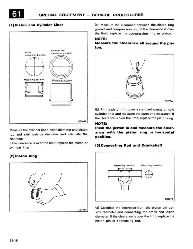 May include: Page from a service manual with diagrams and instructions for engine maintenance. Includes illustrations of piston rings, cylinder liners, and connecting rods, with text detailing measurement procedures.