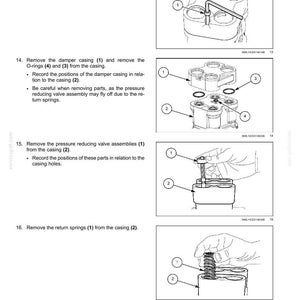May include: Diagram of hydraulic foot control components. Includes images of a hexagon wrench removing bolts, damper casing with O-rings, pressure reducing valve assemblies, and return springs. Text labels identify each part.