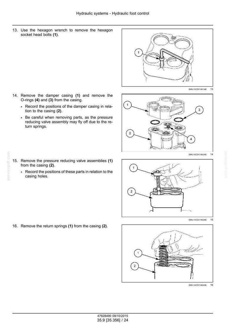 May include: Diagram of hydraulic foot control components. Includes images of a hexagon wrench removing bolts, damper casing with O-rings, pressure reducing valve assemblies, and return springs. Text labels identify each part.