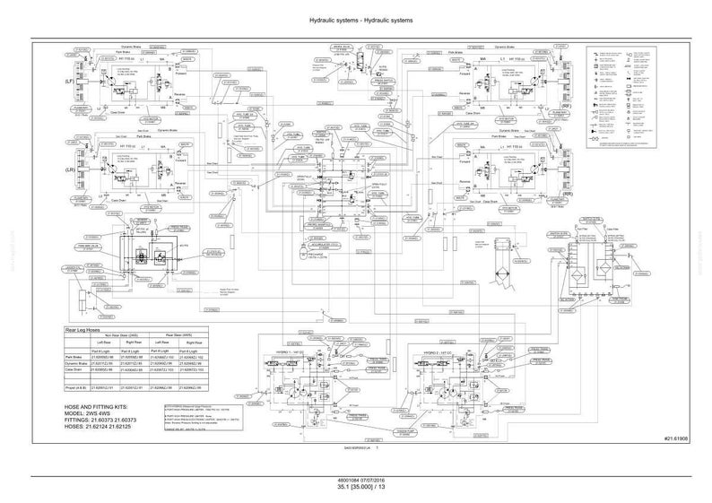 May include: Detailed schematic diagram of hydraulic systems, featuring interconnected components, lines, and labels. The diagram is in black and white, with text at the top indicating "Hydraulic systems - Hydraulic systems". Includes a section for hose and fitting kits.